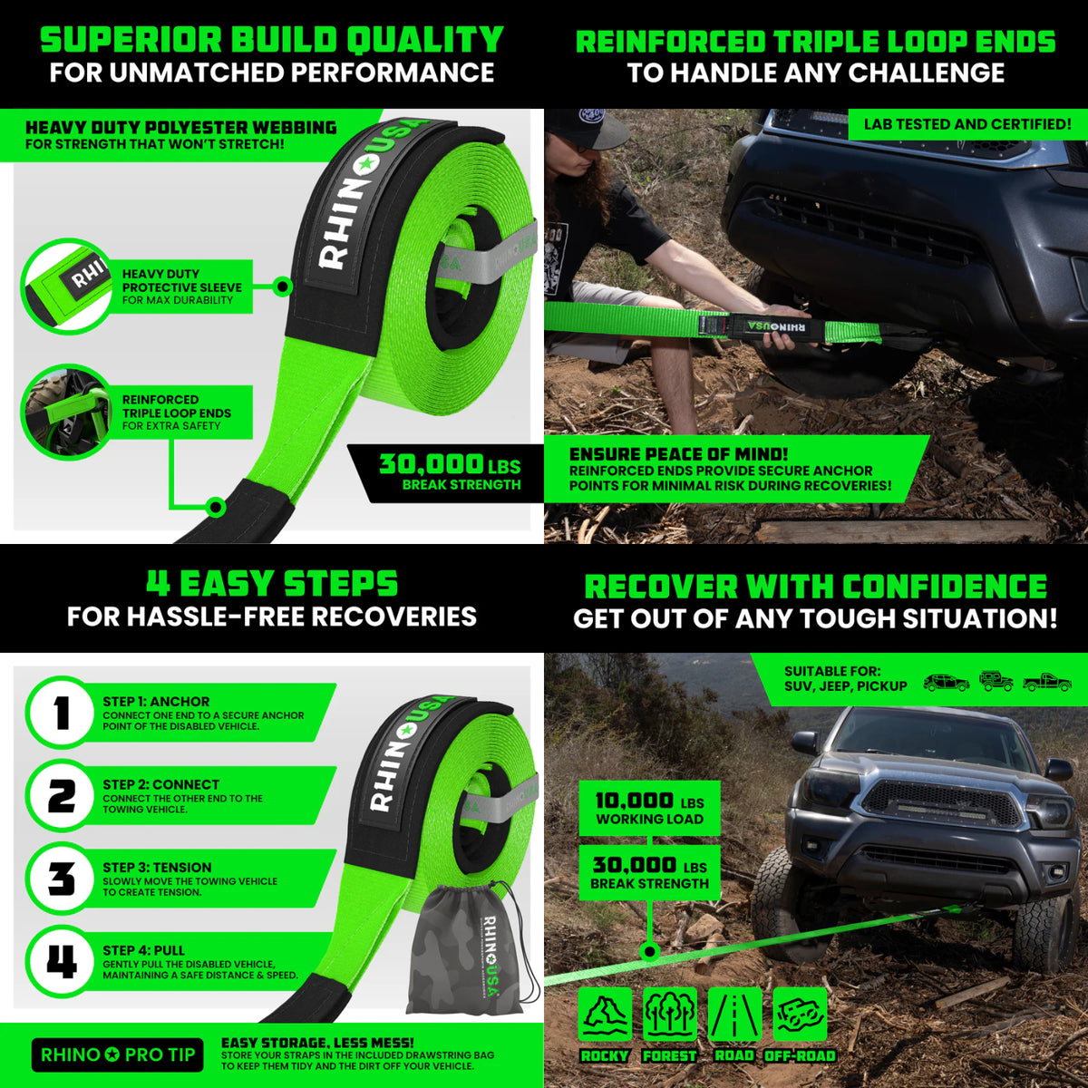 Rhino USA 3 X 30 Ultimate Recovery Tow Strap Green Conkey s Outdoors rhino-usa-3-x-30-ultimate-recovery-tow-strap-green-conkey-s-outdoors