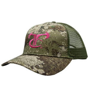 Ladies Strata/Olive Mesh Cap with Metallic Pink Logo