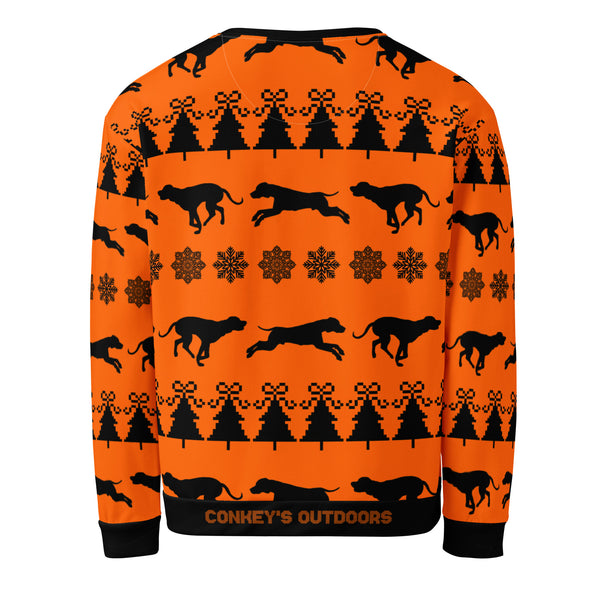 Conkey's Blaze Orange Running Dogs Ugly Christmas Sweatshirt Back