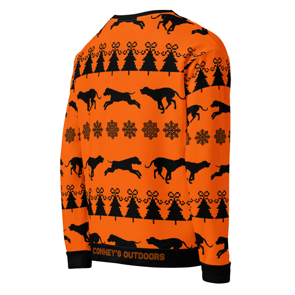 Conkey's Blaze Orange Running Dogs Ugly Christmas Sweatshirt Side 2