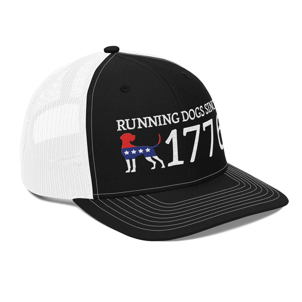 Running Dogs Since 1776 Coonhound Snapback Hat Black and White Side