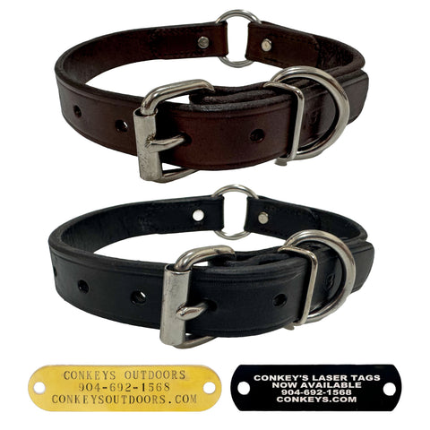 18" Leather Dog Collar with D & Center Ring & Tag - 1" Wide