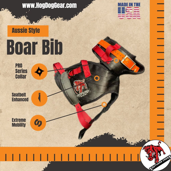 Aussie Style Boar Bib- Attached Collar Seatbelt Open Leg Holes