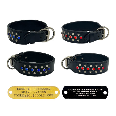 18"/20" Black Leather Collar with D Ring & Blue/Red Nickel Spots - 2” Wide